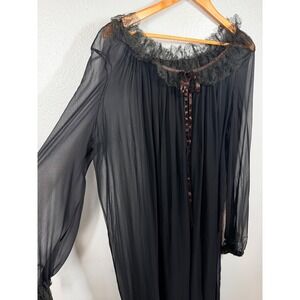 Vintage Nightgown Women's Black Sheer Lace Trim Long Sleeve Chiffon Gown 60's